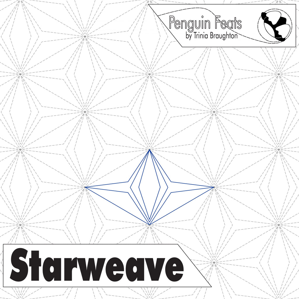 Geometric pattern with star shapes and text 'Penguin Feats' and 'Starweave'.