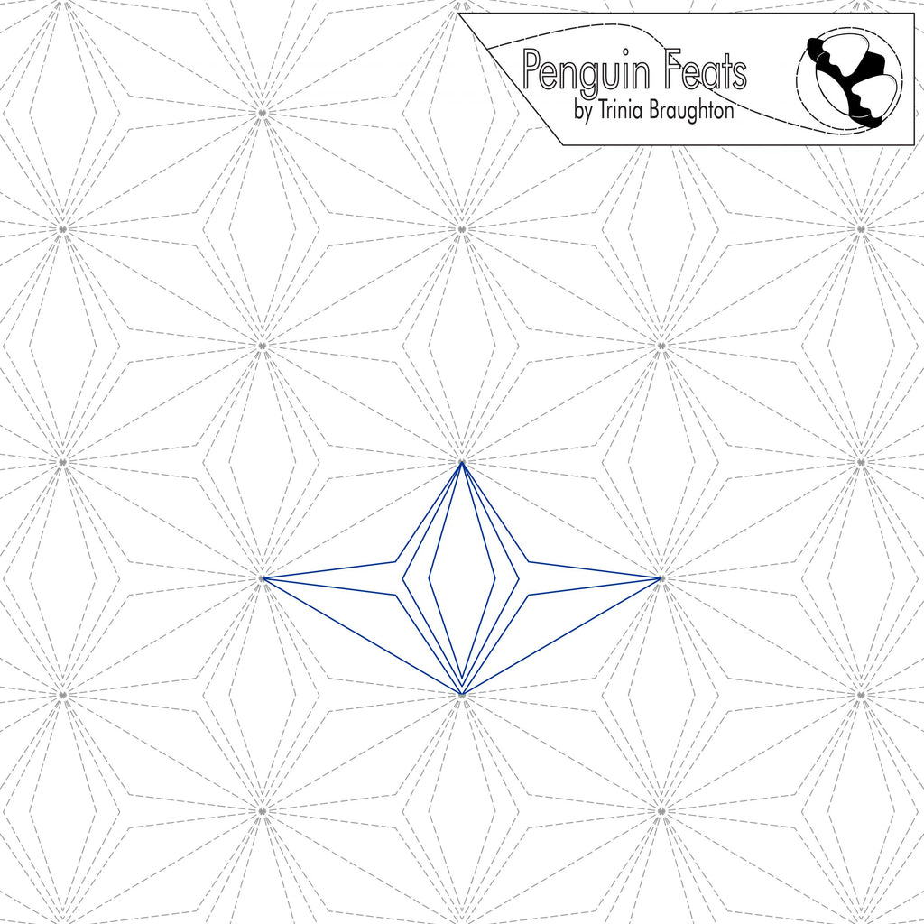 Geometric pattern with a blue star-like shape in the center, labeled 'Penguin Feats by Trinia Braughton'.