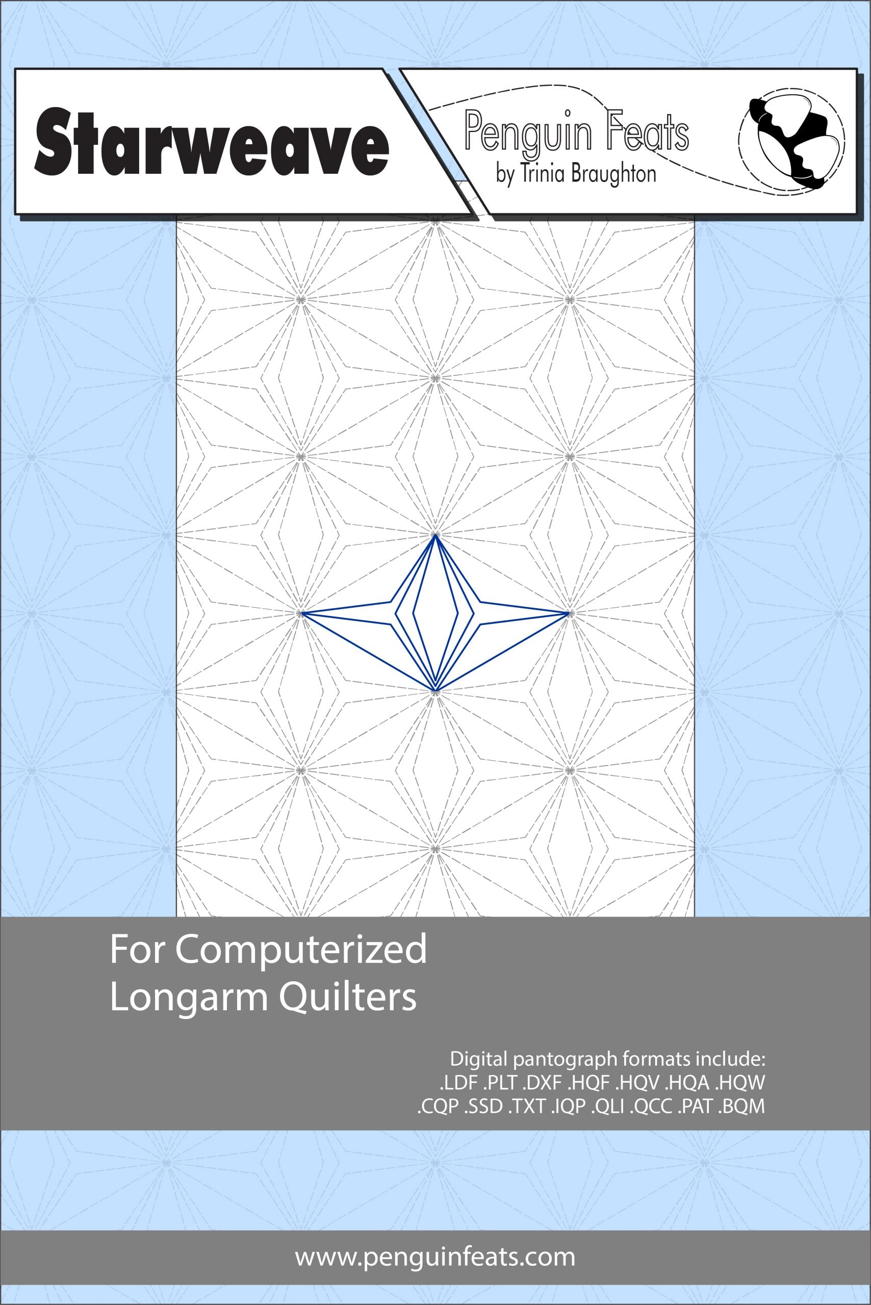 Starweave pattern sheet for computerized longarm quilters with geometric design on a light blue background.