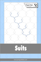 Design sheet for suits with a blue border and gray banner on a white background