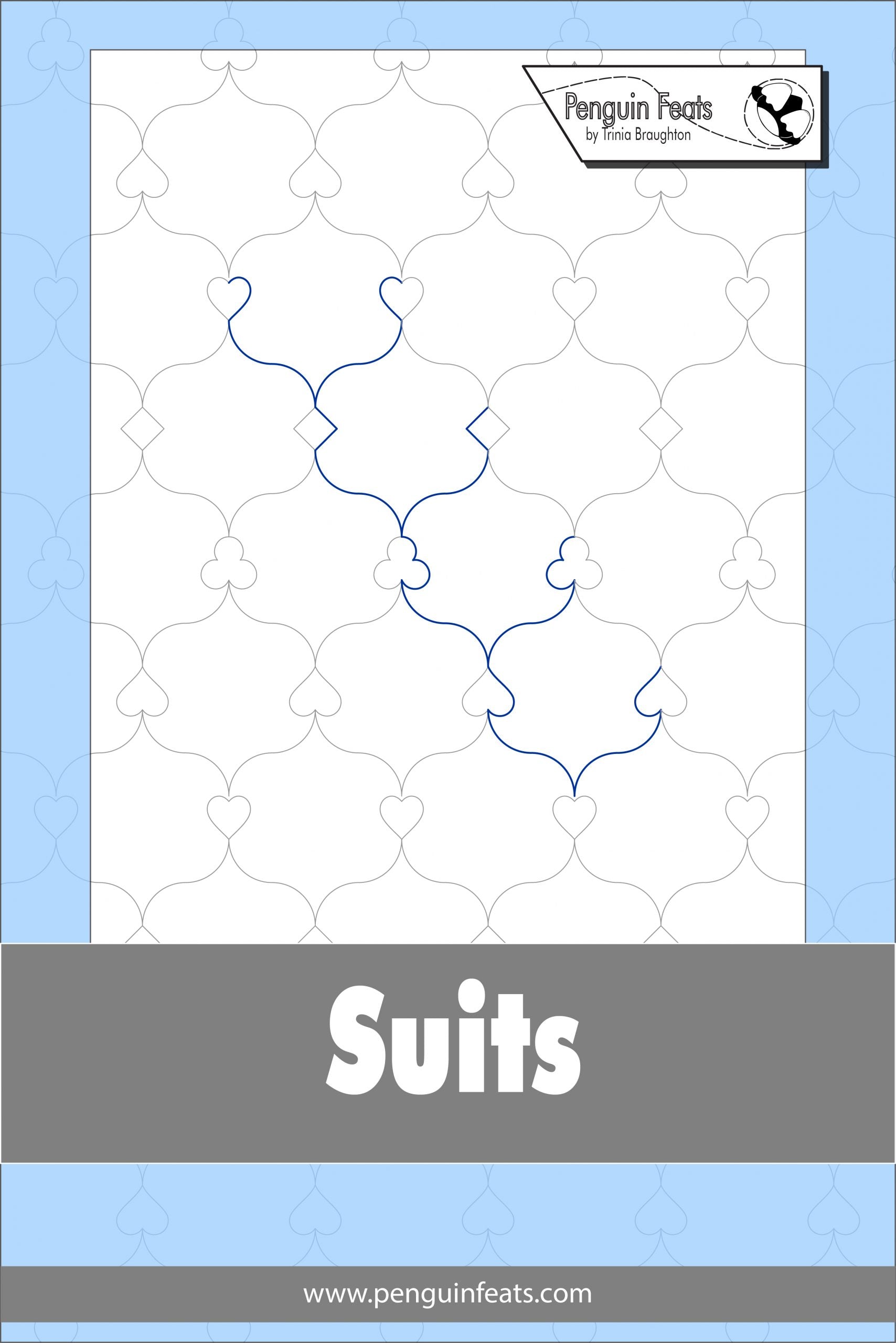 Design sheet for suits with a blue border and gray banner on a white background