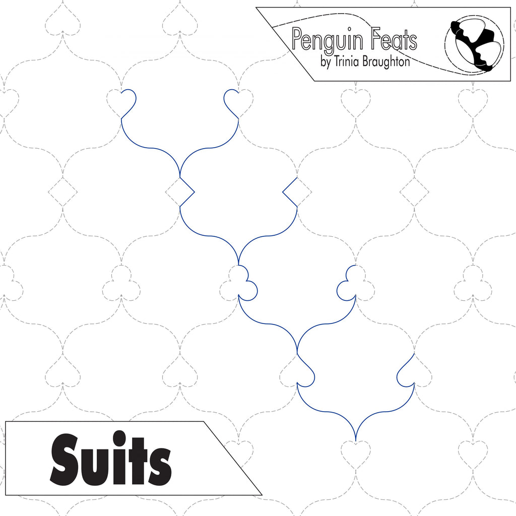 Continuous line designs of playing card suits hearts diamonds clubs spades with 'Penguin Feats' and 'Suits' text on a white background