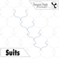 Continuous line designs of playing card suits hearts diamonds clubs spades with 'Penguin Feats' and 'Suits' text on a white background