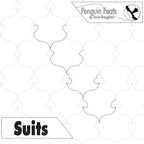 Continuous line designs of playing card suits hearts diamonds clubs spades with 'Penguin Feats' and 'Suits' text on a white background