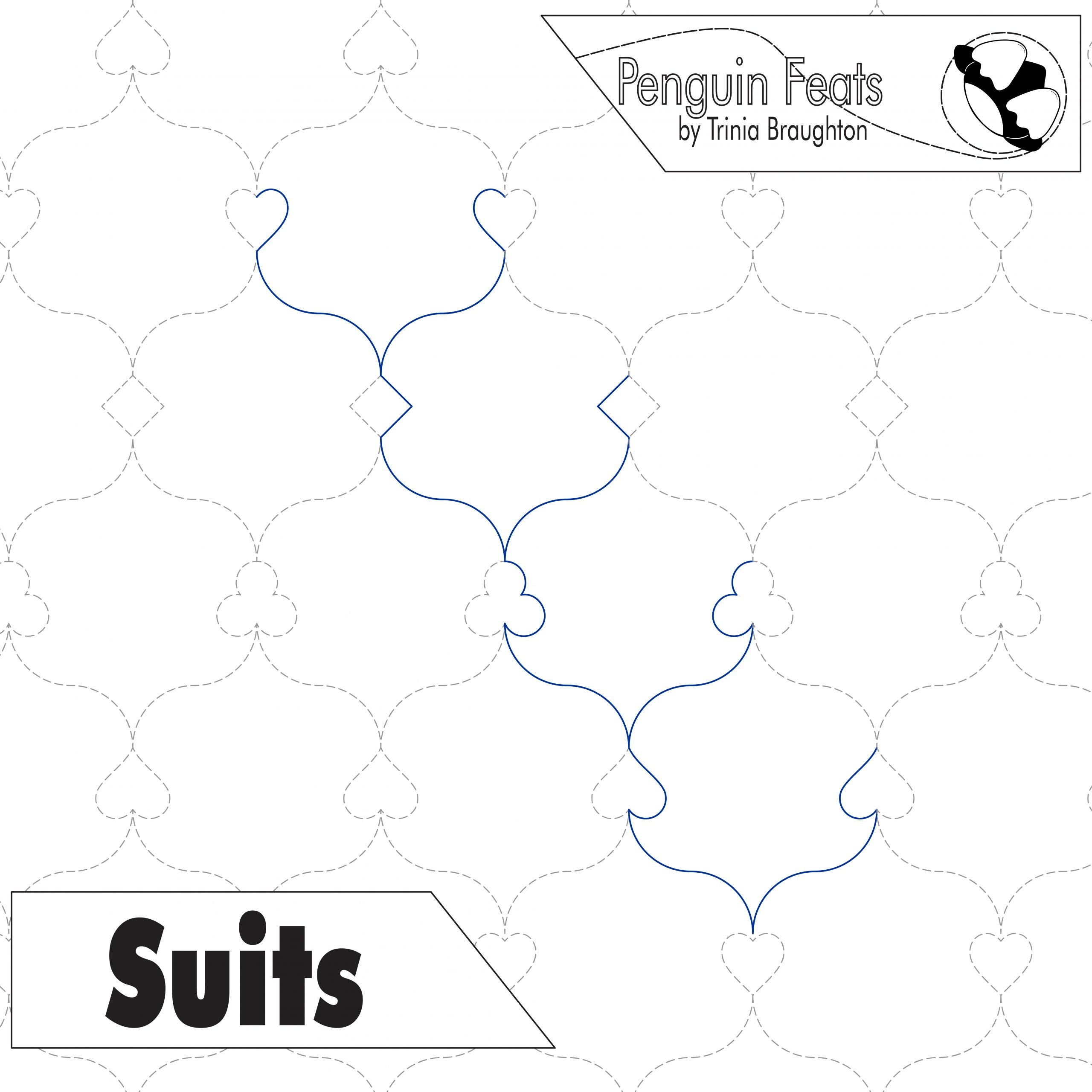 Continuous line designs of playing card suits hearts diamonds clubs spades with 'Penguin Feats' and 'Suits' text on a white background