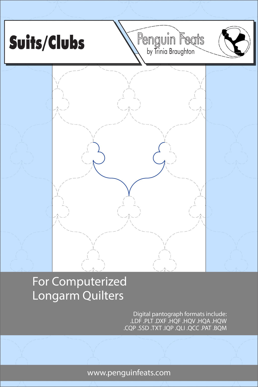 Pattern sheet for computerized longarm quilters with a blue and gray design on a white background.