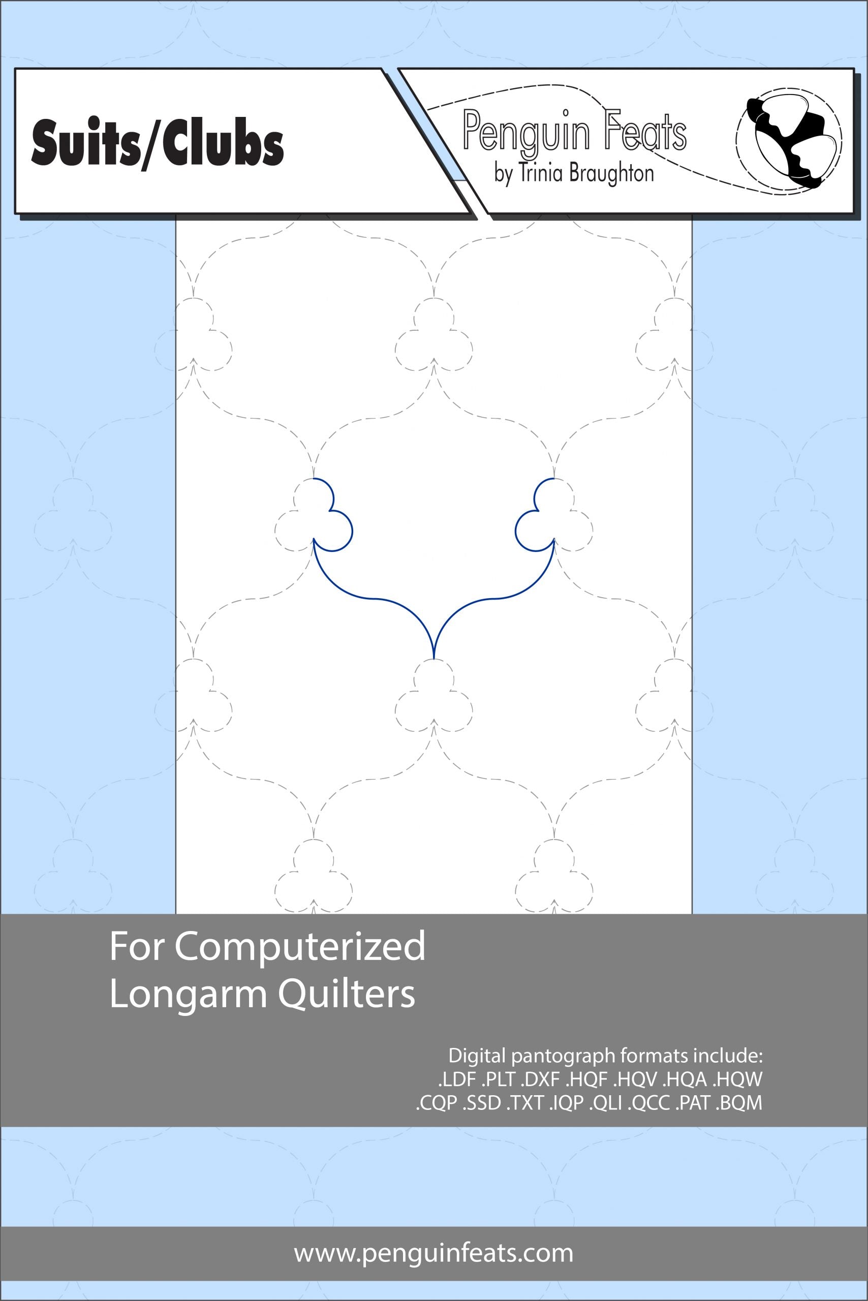 Pattern sheet for computerized longarm quilters with a blue and gray design on a white background.