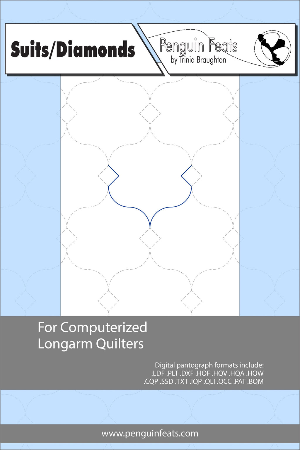 Quilting pattern sheet for computerized longarm quilters with a blue and gray border.