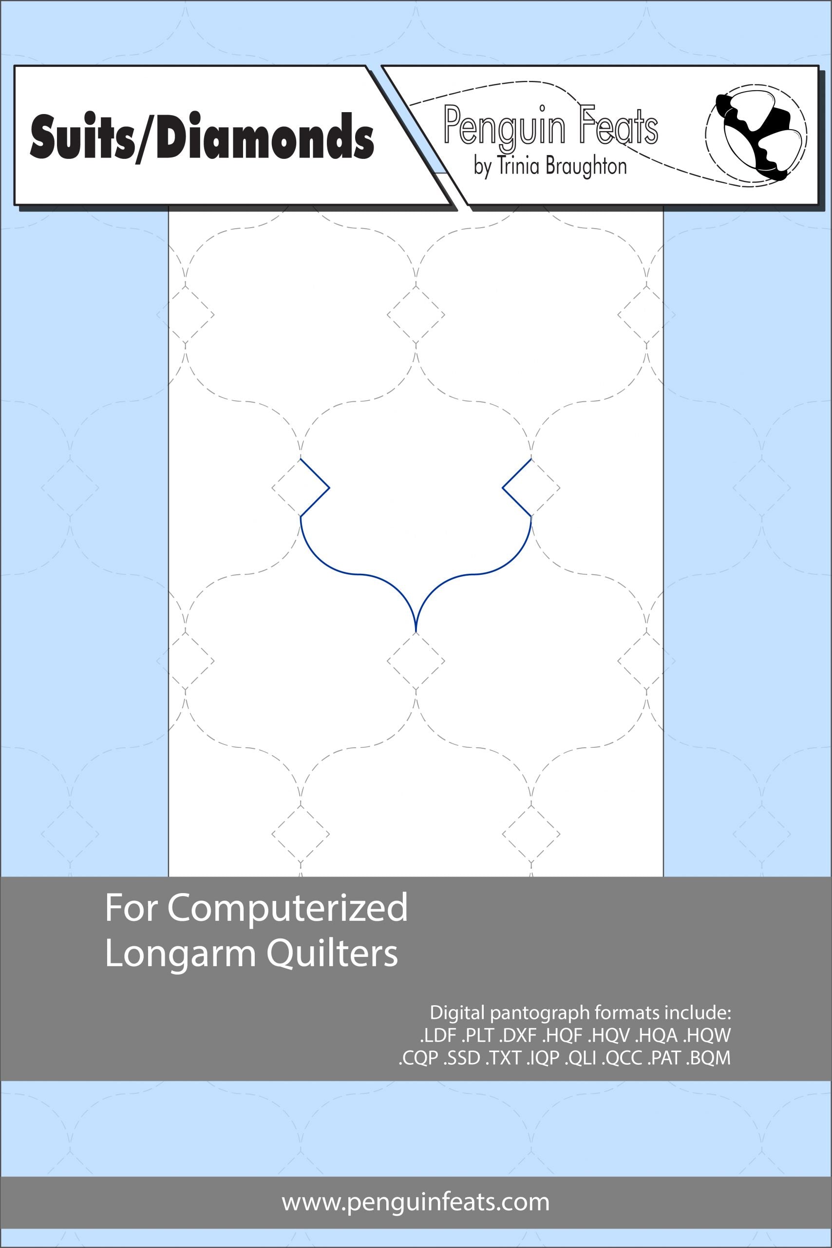 Quilting pattern sheet for computerized longarm quilters with a blue and gray border.