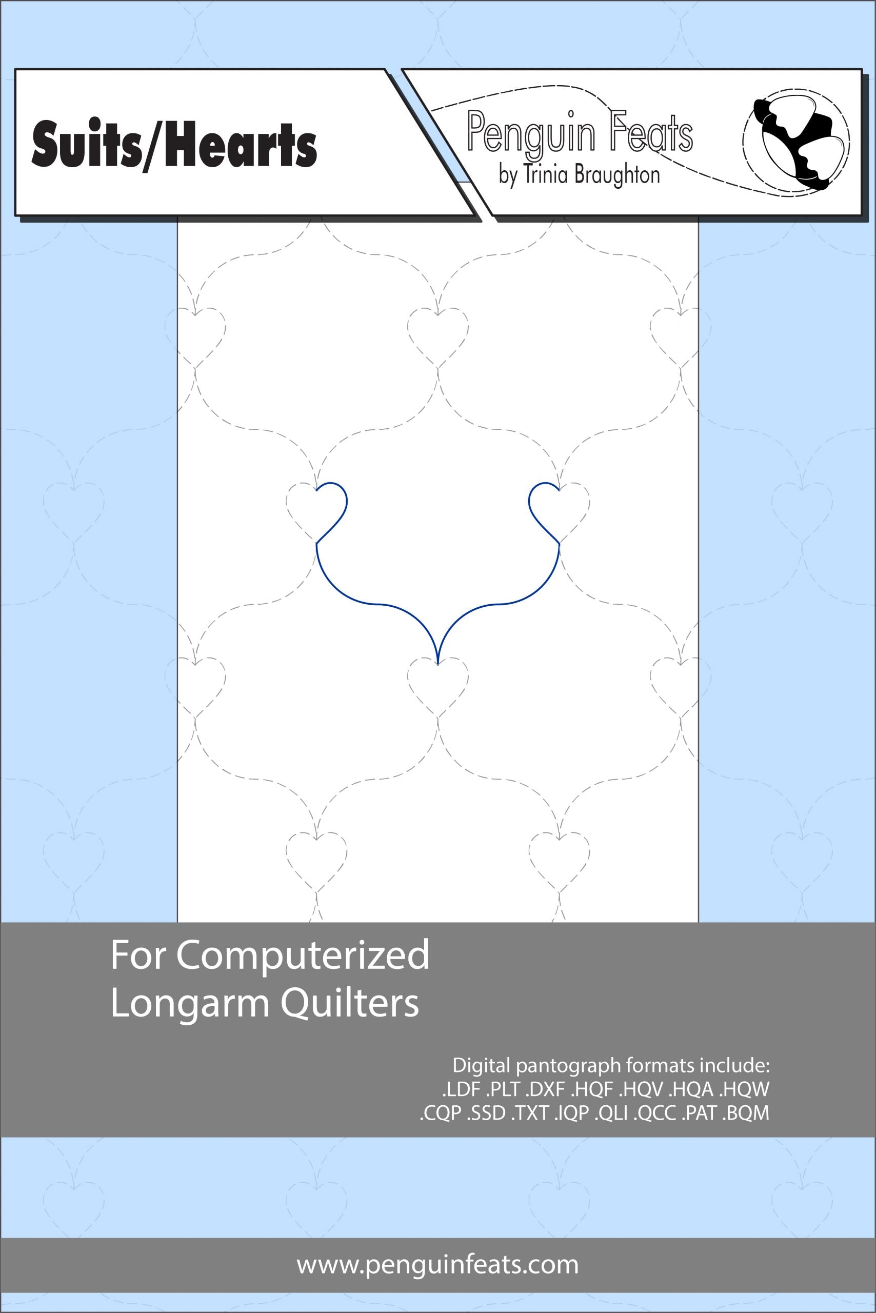 Pattern sheet for computerized longarm quilters with a blue and gray design on a white background.