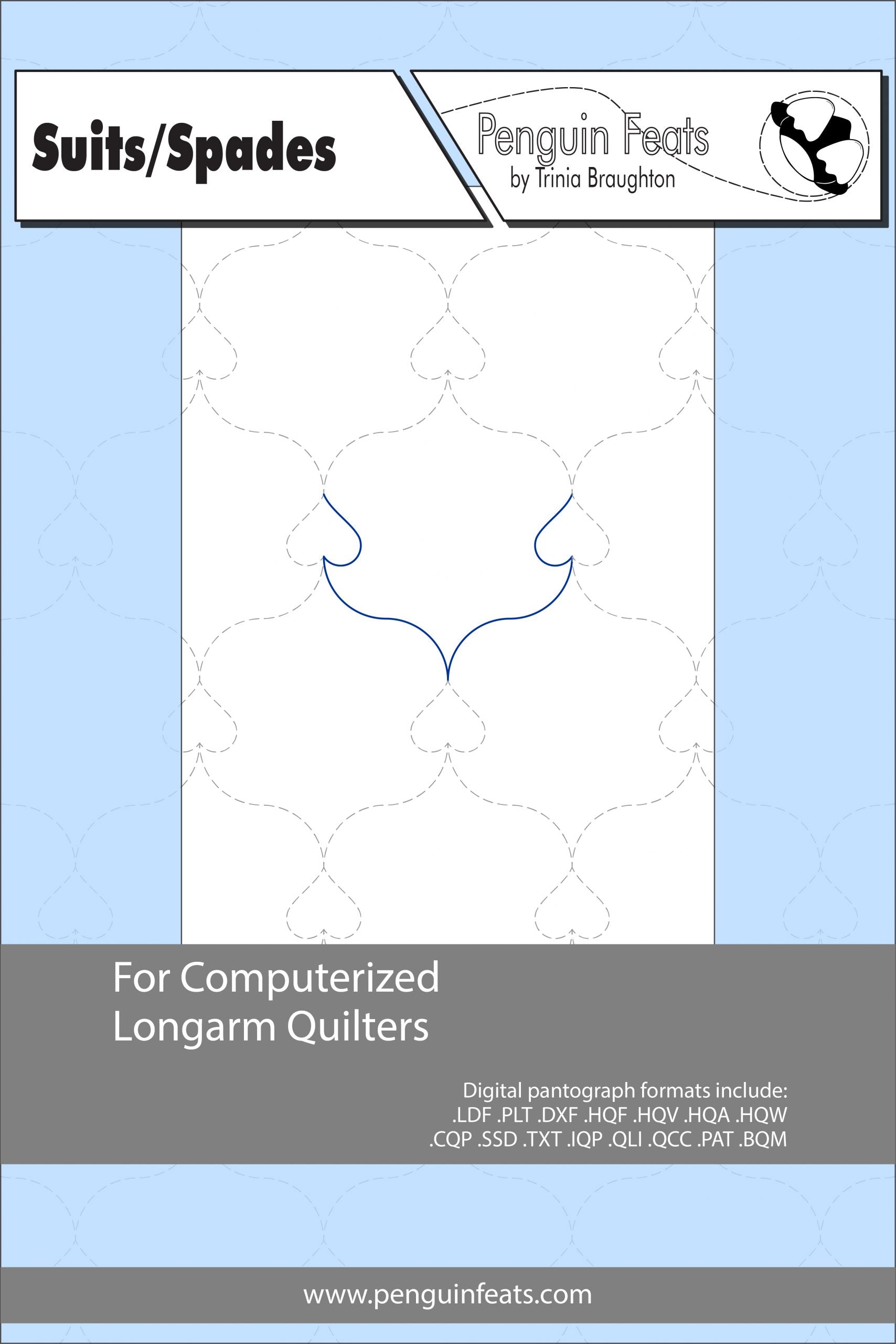 Pattern for computerized longarm quilters with a blue and gray design on a white background.