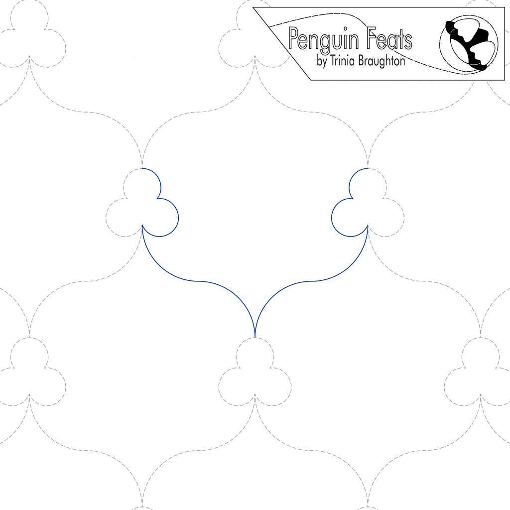 Continuous line design of curved line with clover and 'Penguin Feats' branding at the top.