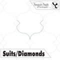 Quilting design with 'Suits/Diamonds' text and 'Penguin Feats' branding.