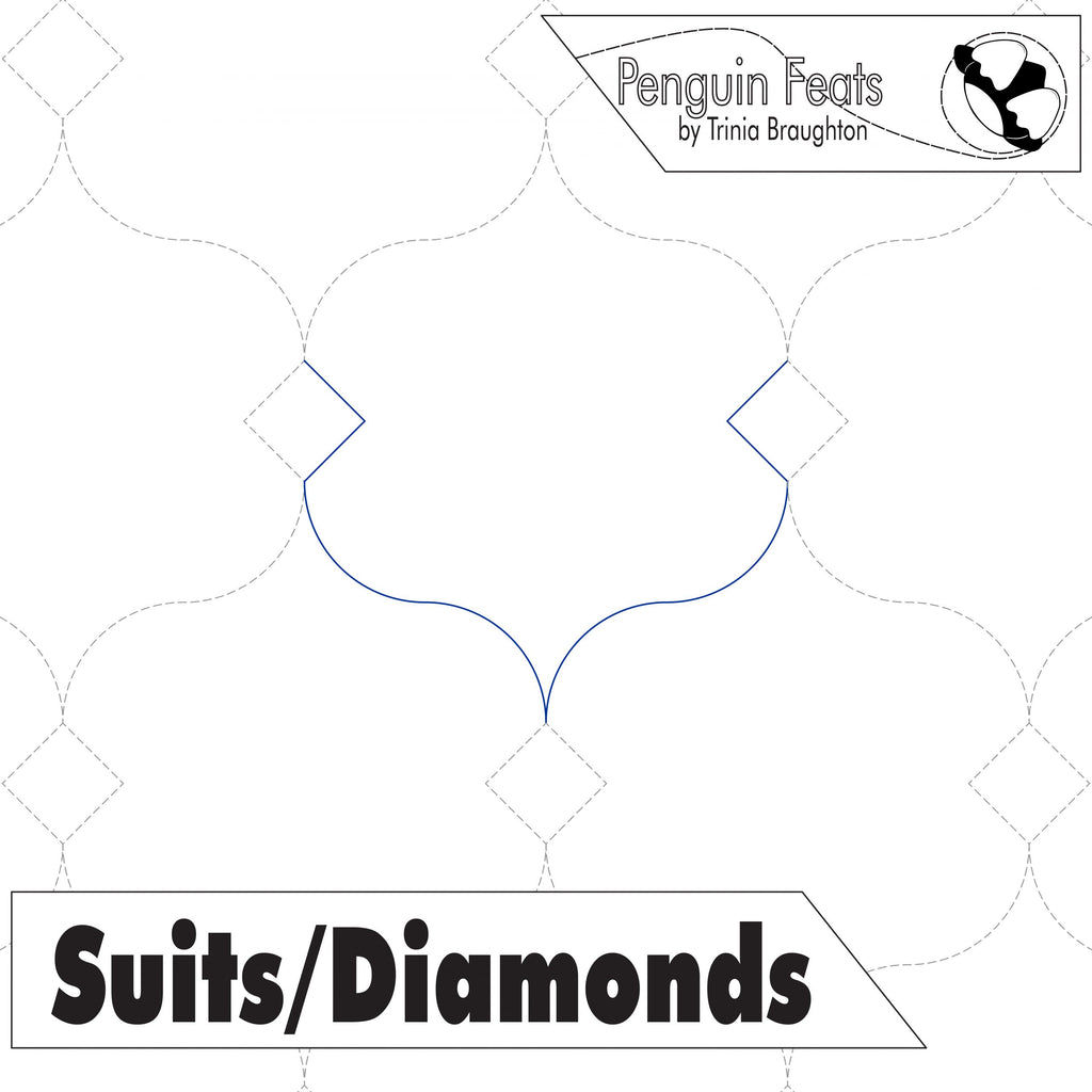 Continuous line of curve with diamonds and 'Suits/Diamonds' text and 'Penguin Feats' branding.