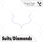 Continuous line of curve with diamonds and 'Suits/Diamonds' text and 'Penguin Feats' branding.
