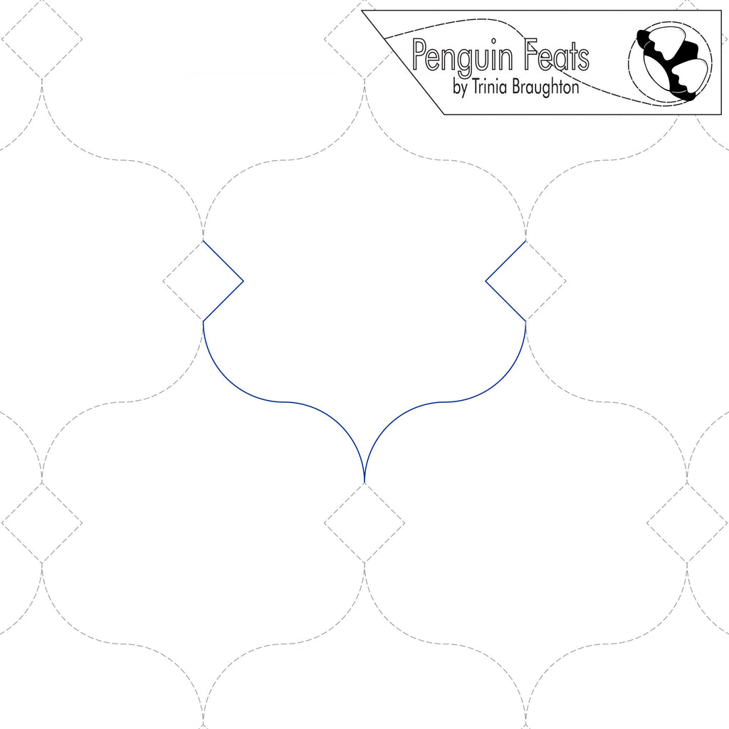 Line design for quilting with curves and diamonds and 'Penguin Feats' branding.