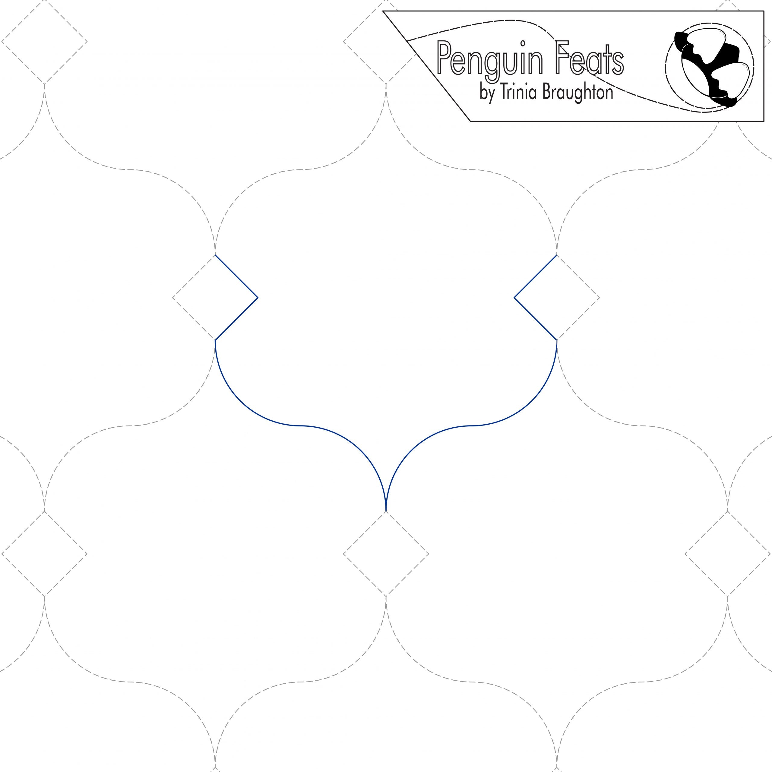 Line design for quilting with curves and diamonds and 'Penguin Feats' branding.