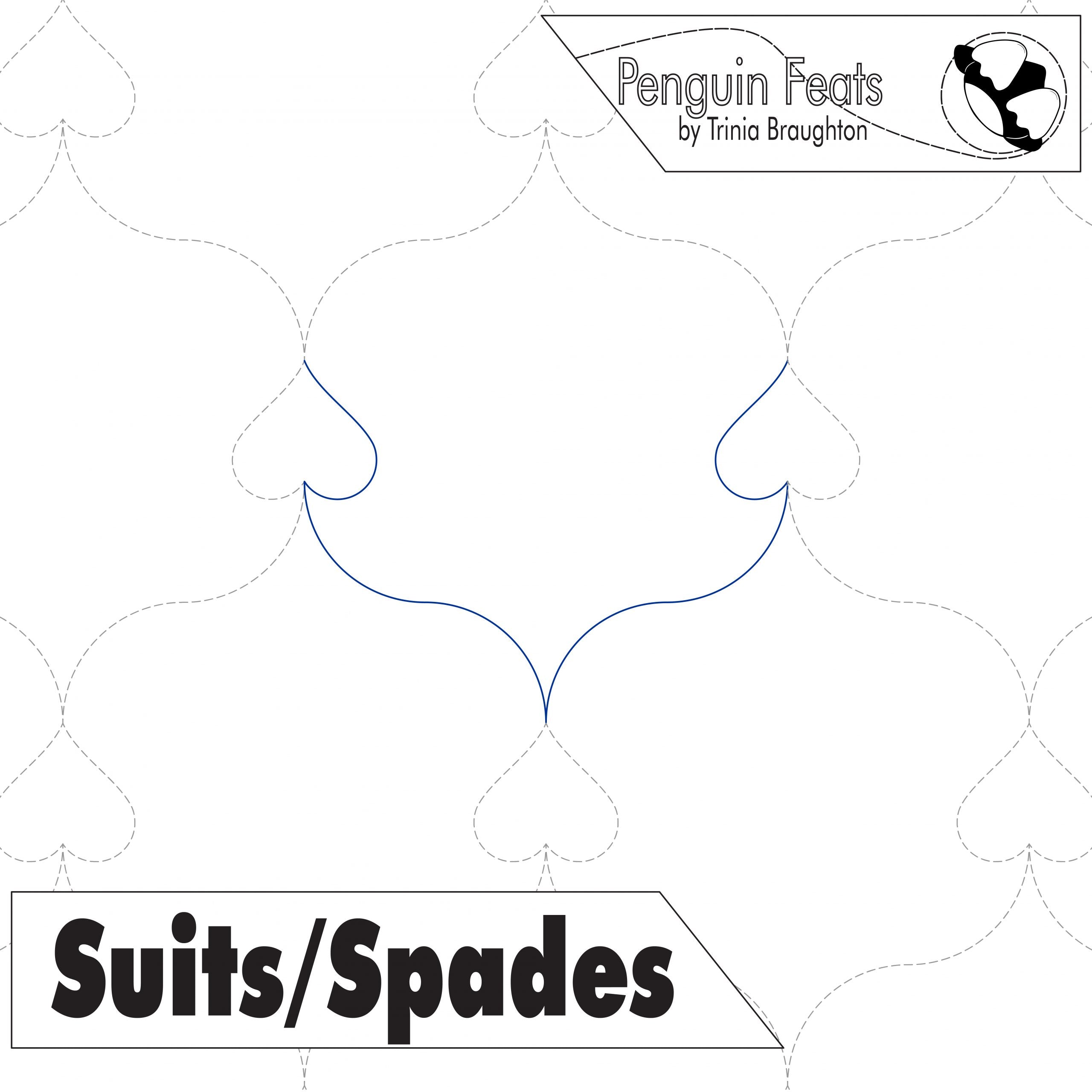 Card suit design with 'Penguin Feats' branding and 'Suits/Spades' text.