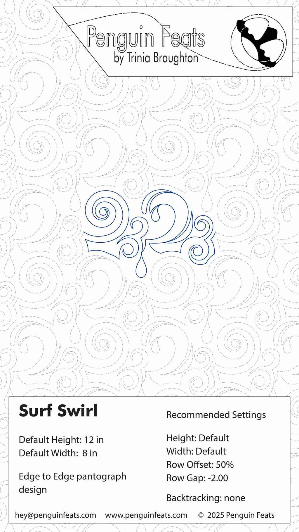 Design card for 'Surf Swirl' pattern by Penguin Feats with branding and technical details.