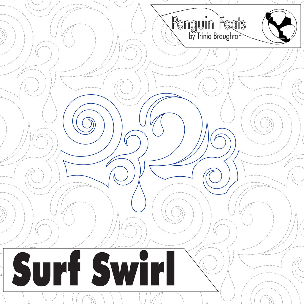 Design of 'Surf Swirl' with a penguin icon and 'Penguin Feats' branding on a white background.