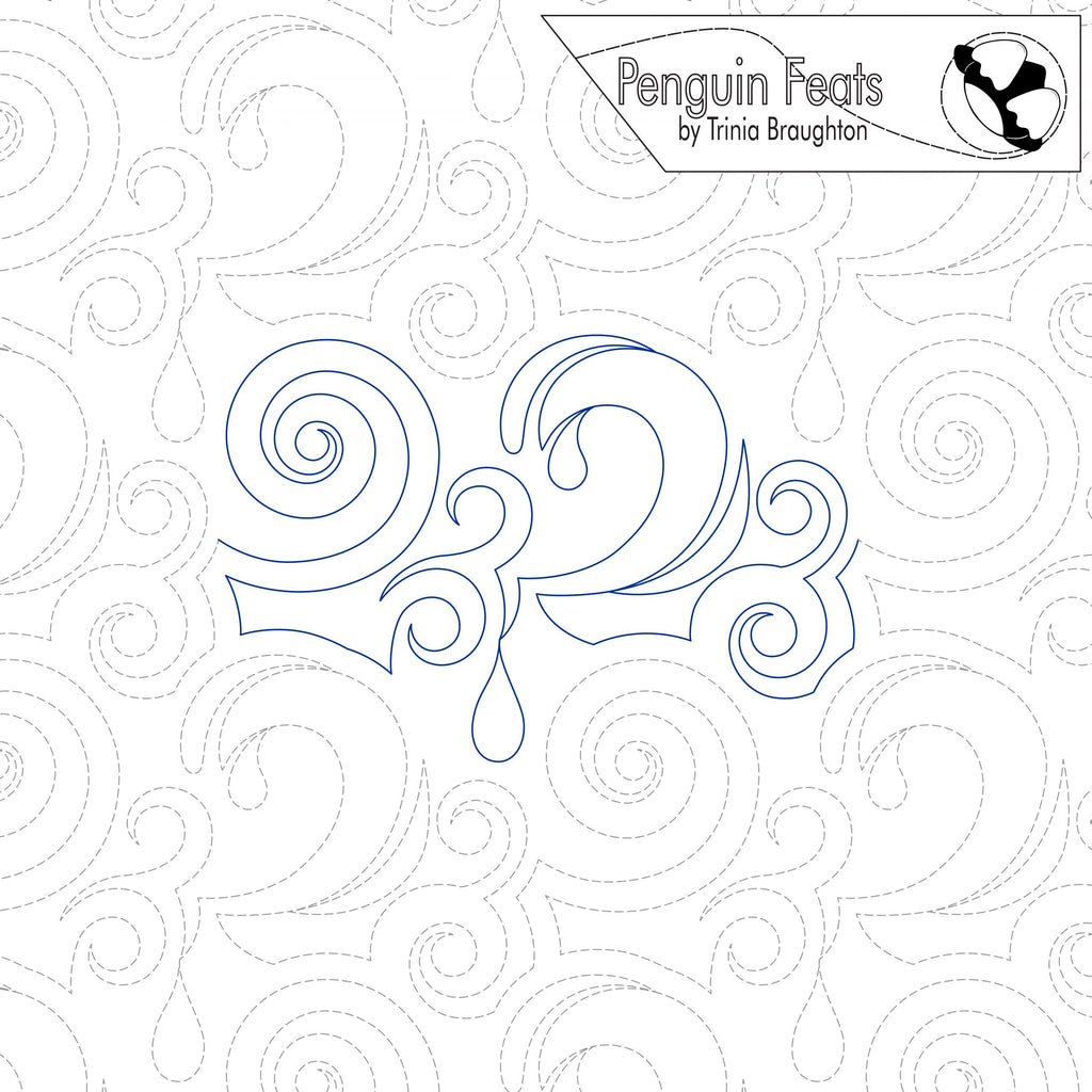 Decorative swirl design with 'Penguin Feats' branding on a white background