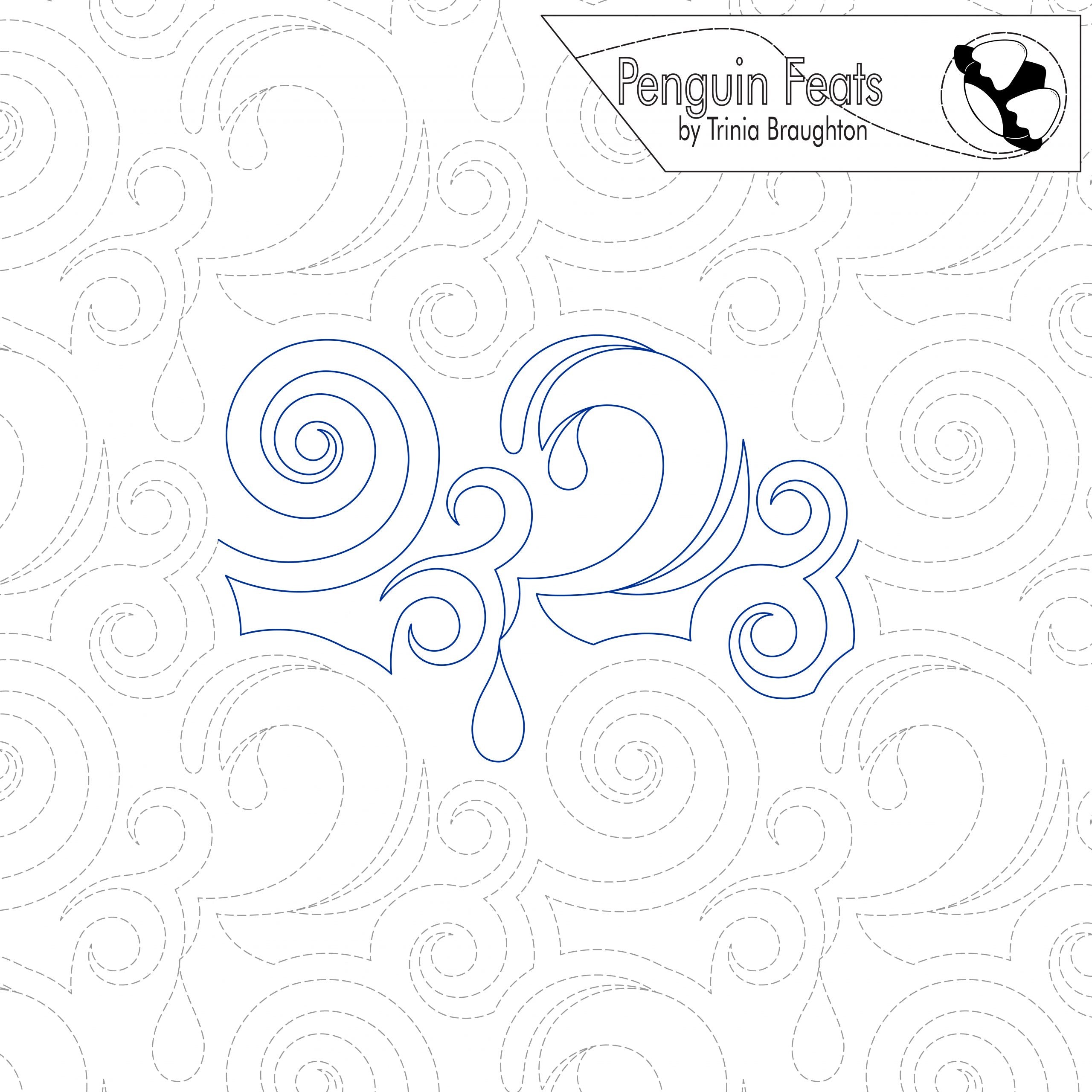 Decorative swirl design with 'Penguin Feats' branding on a white background