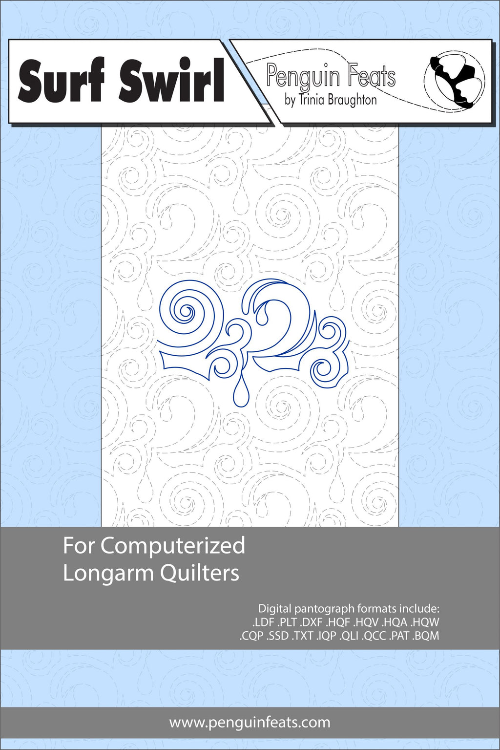 Pattern sheet for 'Surf Swirl' by Penguin Feats with a swirly design and branding information.