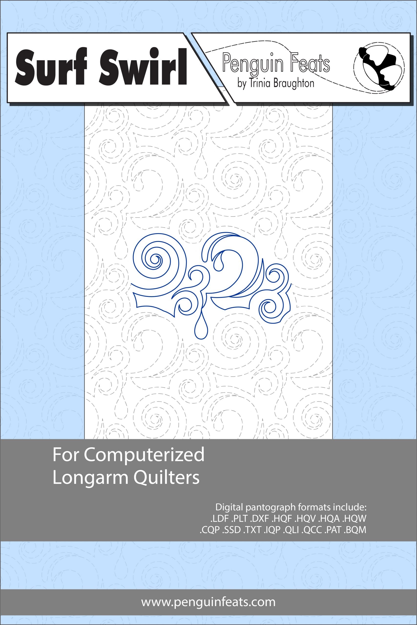 Pattern sheet for 'Surf Swirl' by Penguin Feats with a swirly design and branding information.