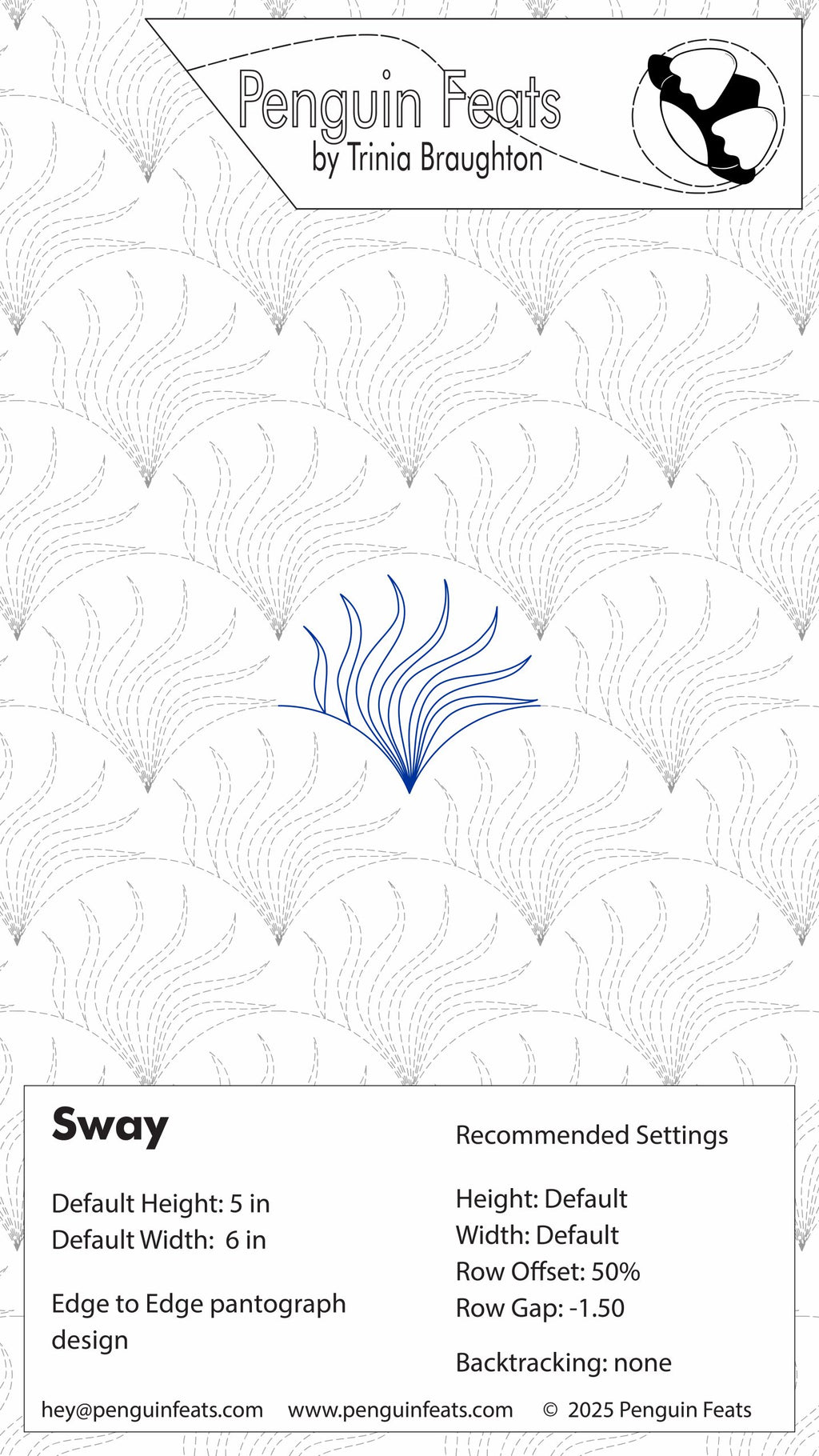 Information sheet for Sway digital quilting design with settings and Penguin Feats branding.