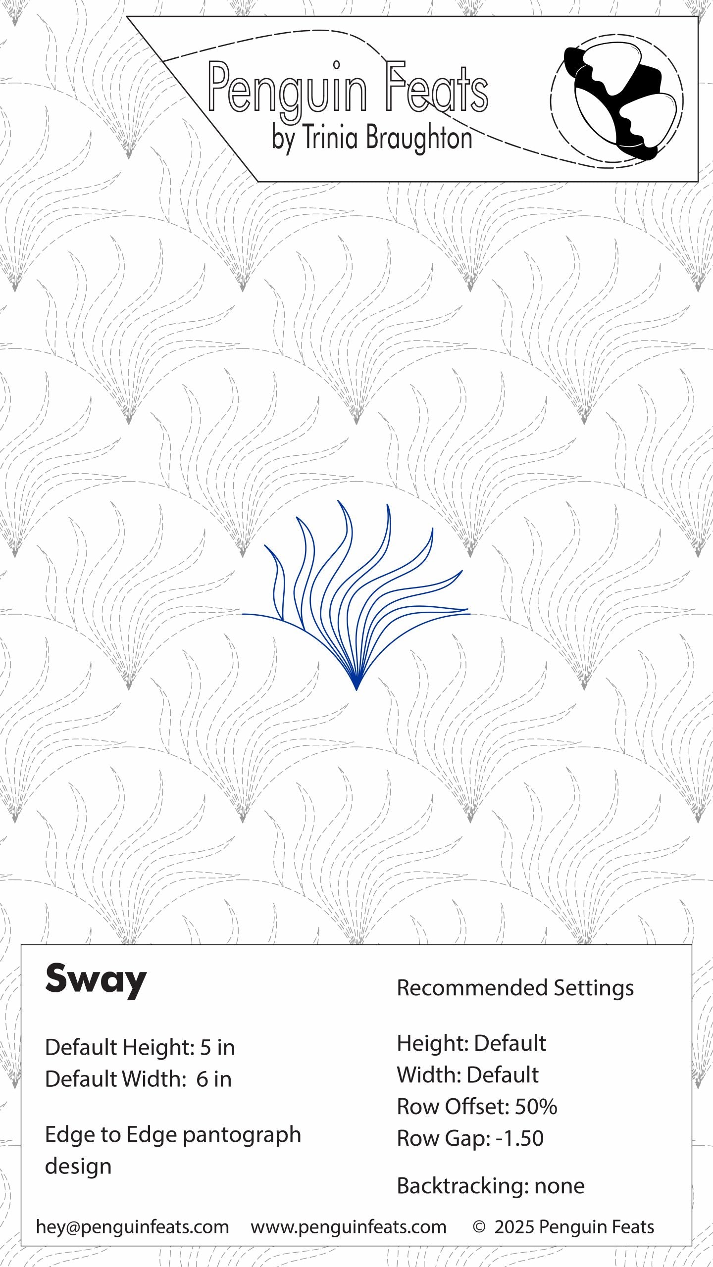 Information sheet for Sway digital quilting design with settings and Penguin Feats branding.