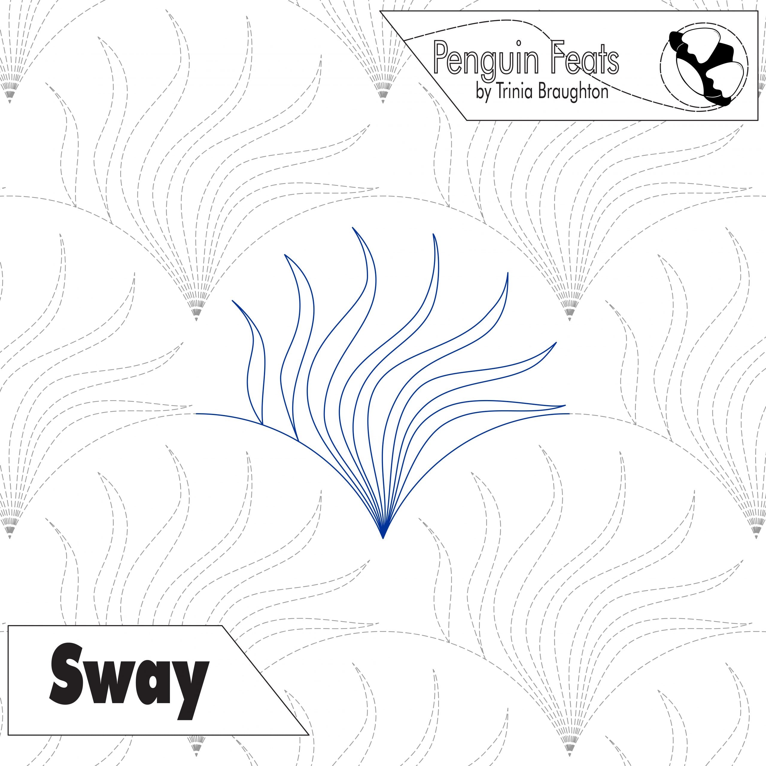 Blue continuous line of seaweed like shapes in repeating pattern titled Sway with Penguin Feats branding 