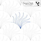 Design with blue feather-like shape on a white background, featuring 'Penguin Feats' by Trinia Braughton.