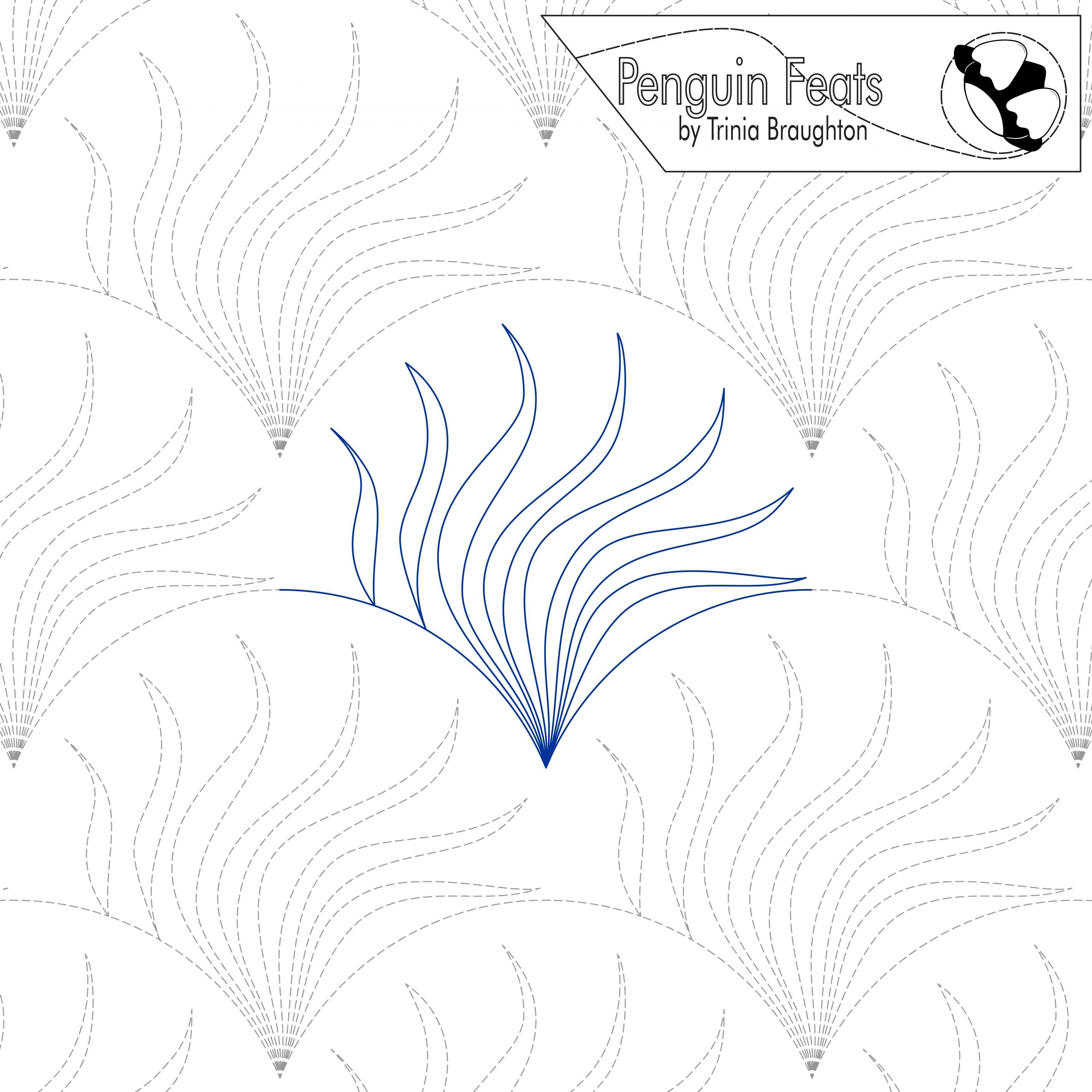 Design with blue feather-like shape on a white background, featuring 'Penguin Feats' by Trinia Braughton.
