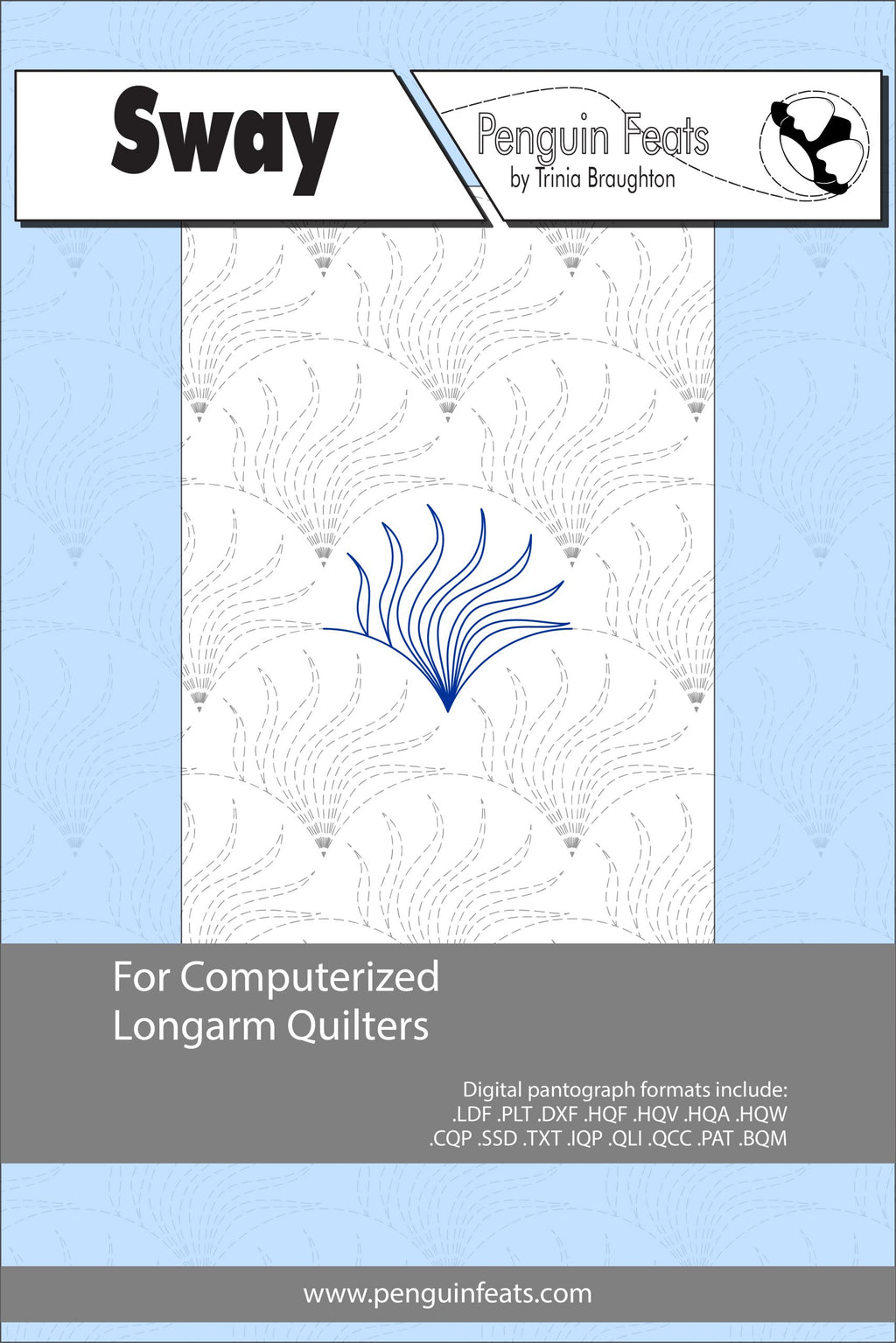Design sheet  for computerized longarm quilters with a blue and white design on a light blue background