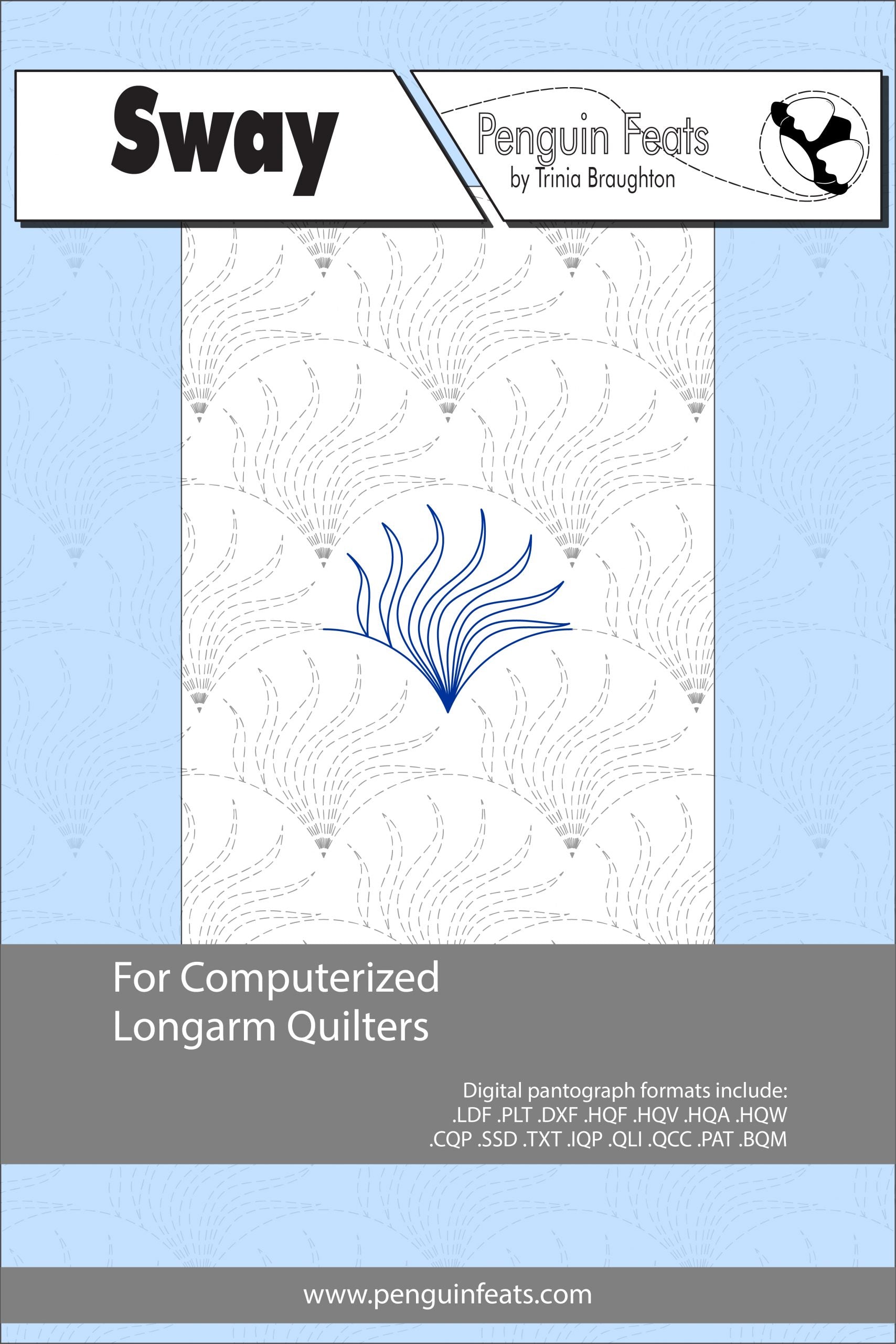 Design sheet  for computerized longarm quilters with a blue and white design on a light blue background