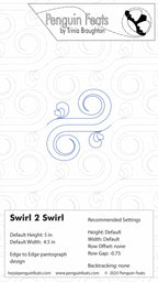 Quilting design sheet for 'Swirl 2 Swirl' with Penguin Feats branding on a white background.