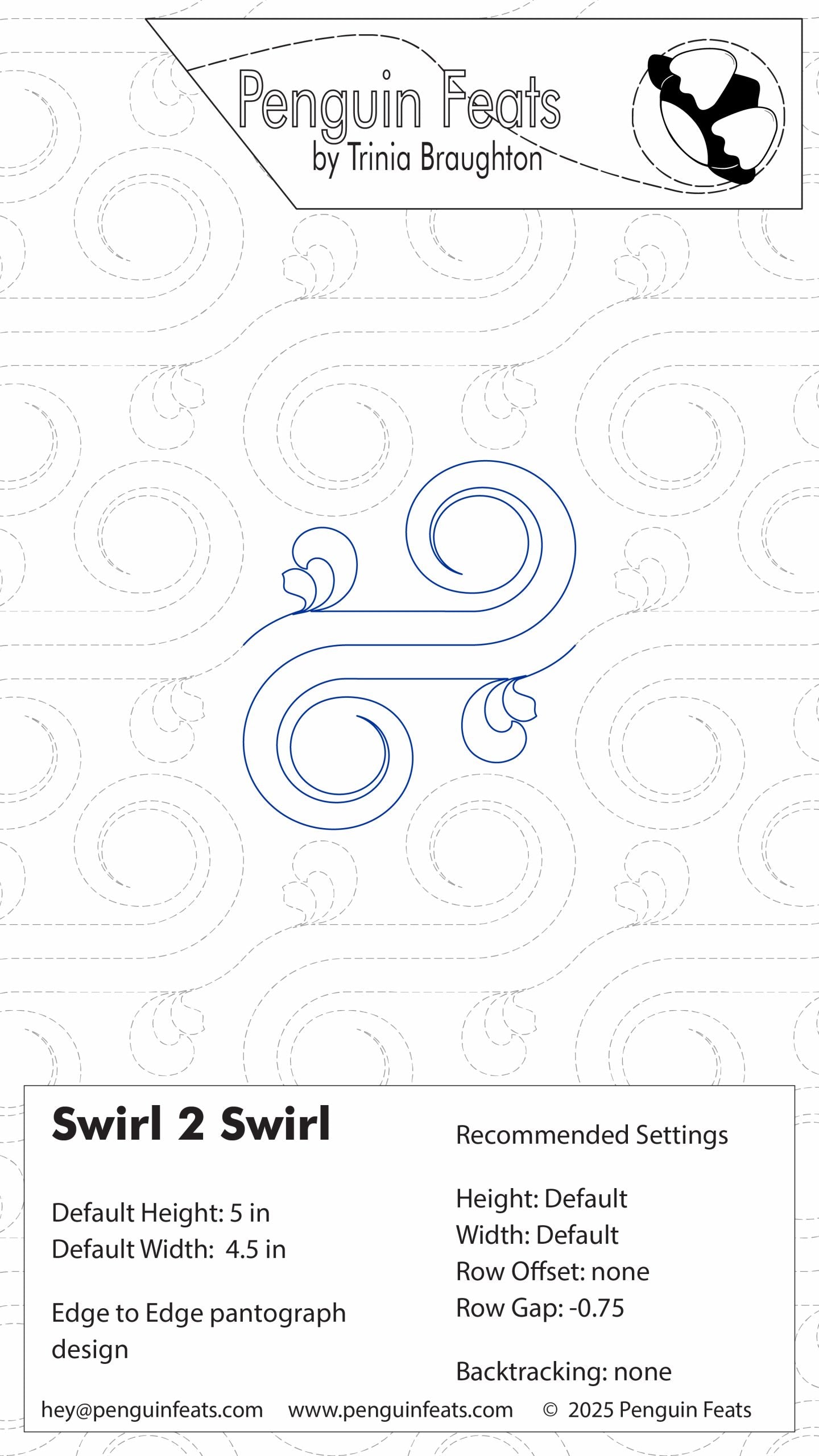 Quilting design sheet for 'Swirl 2 Swirl' with Penguin Feats branding on a white background.