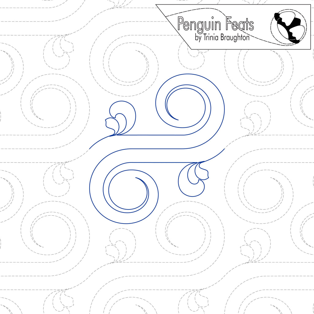 Decorative swirl pattern with 'Penguin Feats' branding on a white background