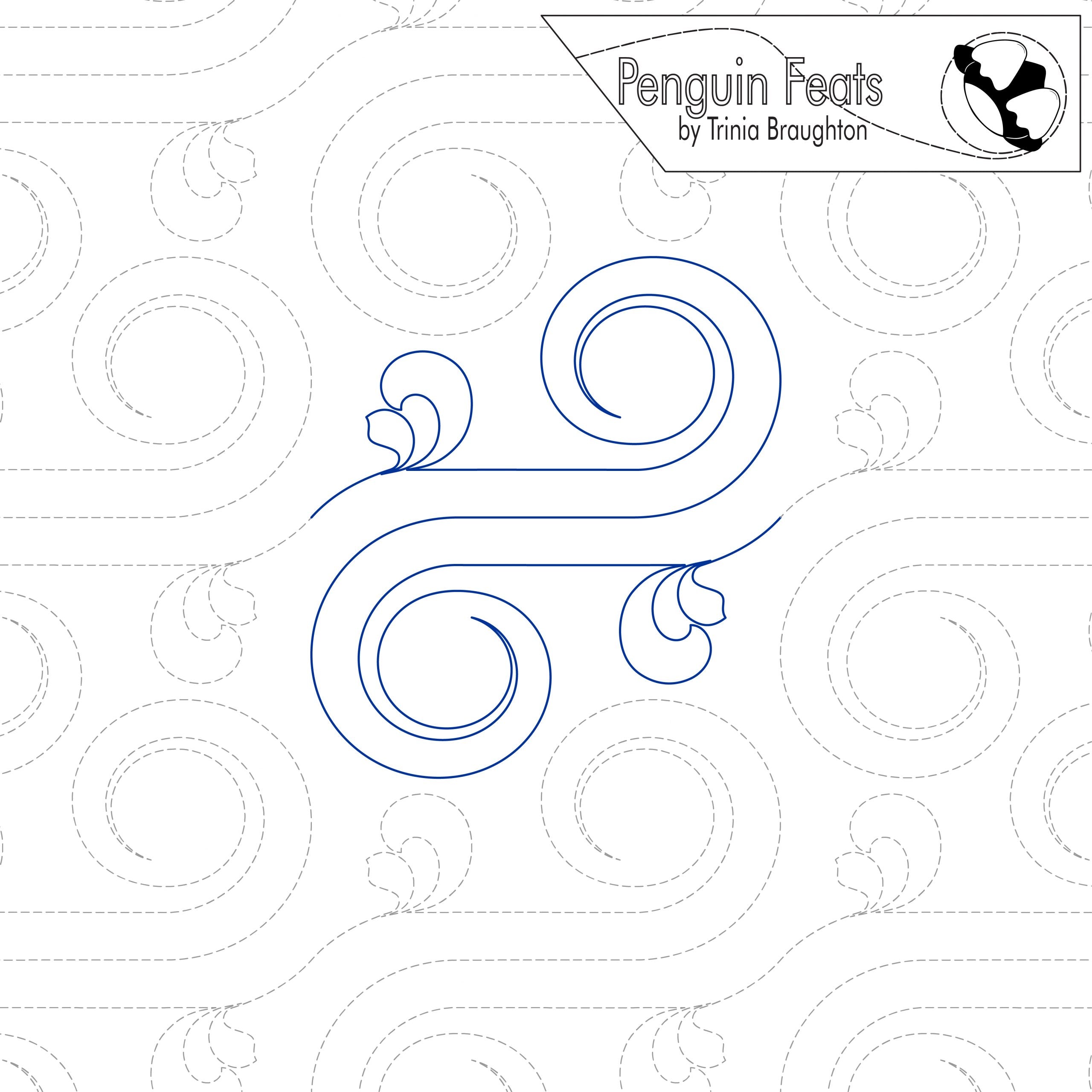 Decorative swirl pattern with 'Penguin Feats' branding on a white background
