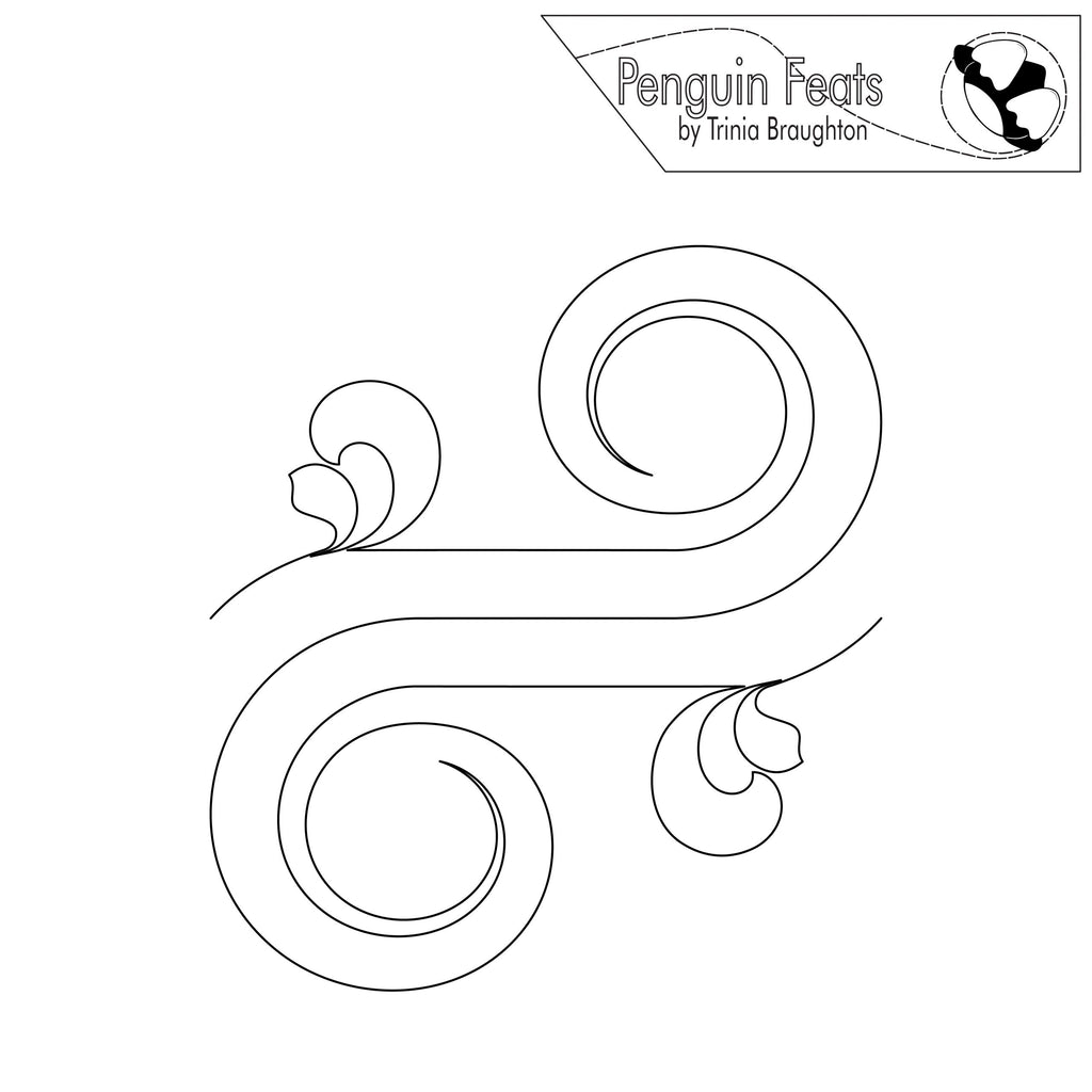 Mirrored swirling design elements on a white background, featuring the 'Penguin Feats' logo.