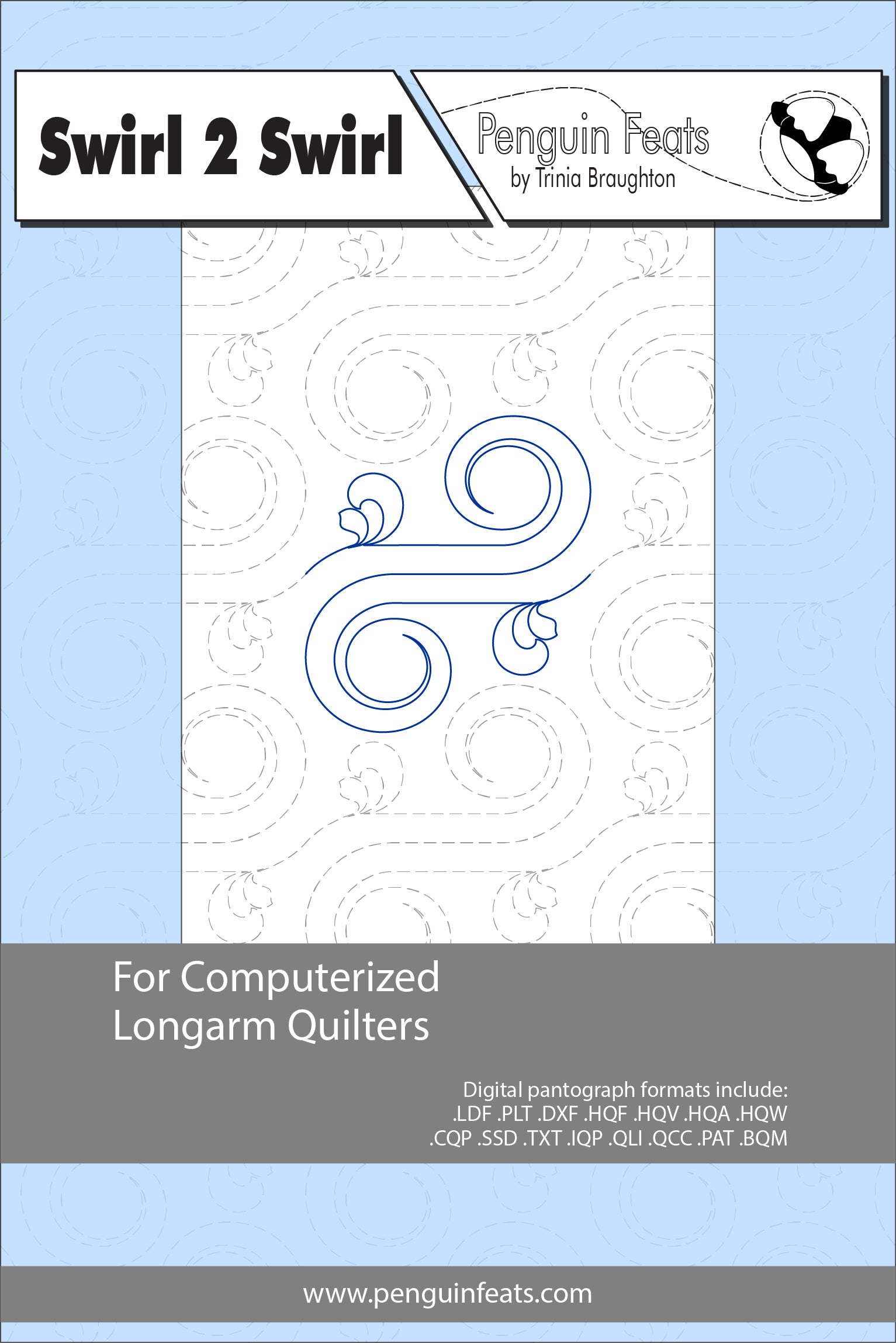 Quilting design sheet for computerized longarm quilters with a blue and gray color scheme.