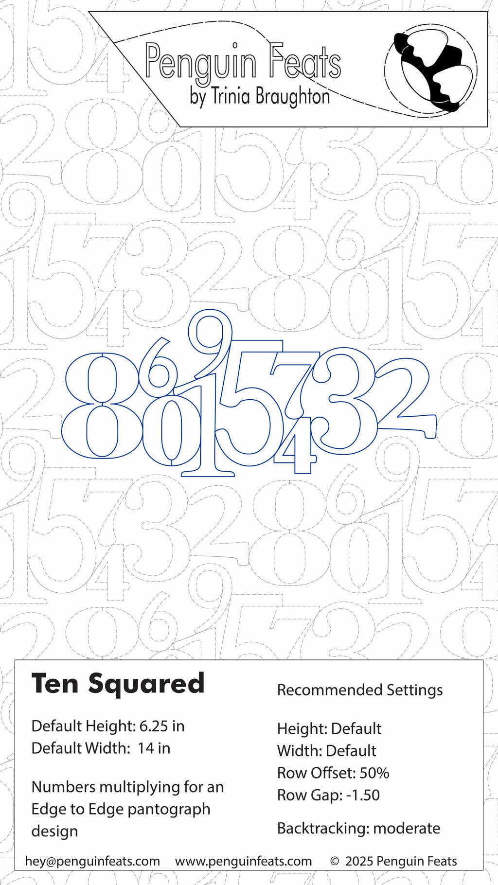 Design sheet for 'Ten Squared' pattern with numbers and geometric shapes, featuring 'Penguin Feats' branding.