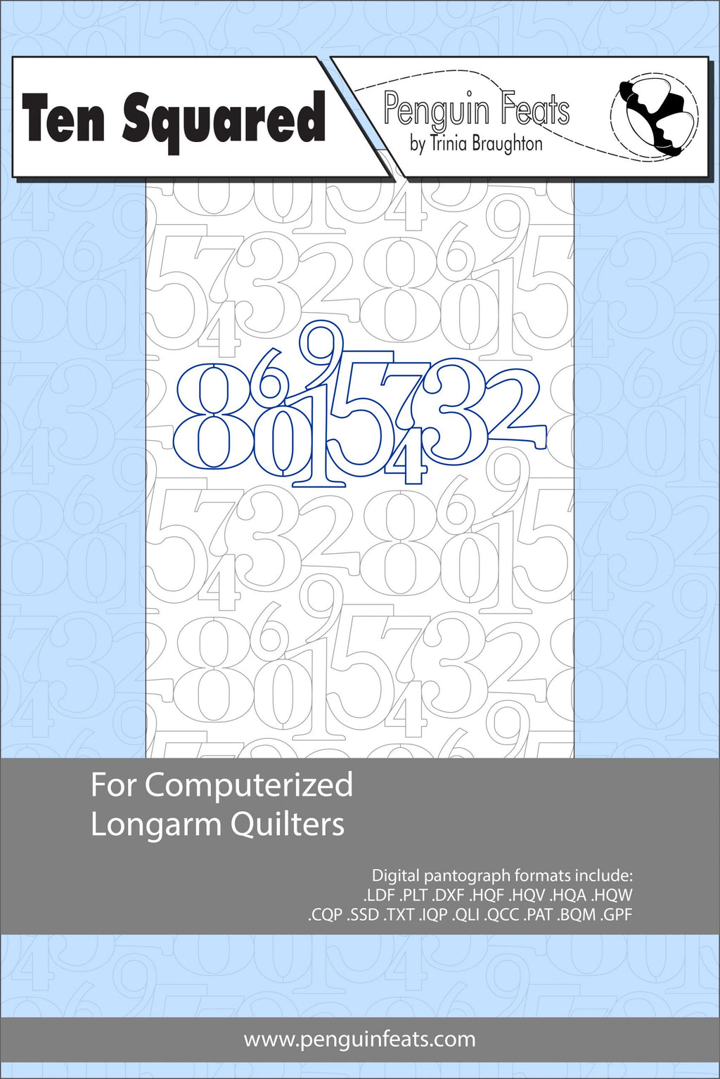 Ten Squared pattern computerized longarm quilters with blue and gray design on a light blue background.
