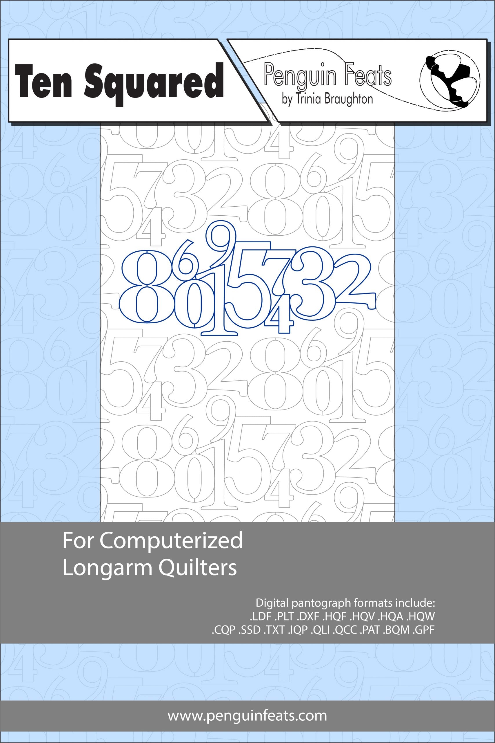 Ten Squared pattern computerized longarm quilters with blue and gray design on a light blue background.