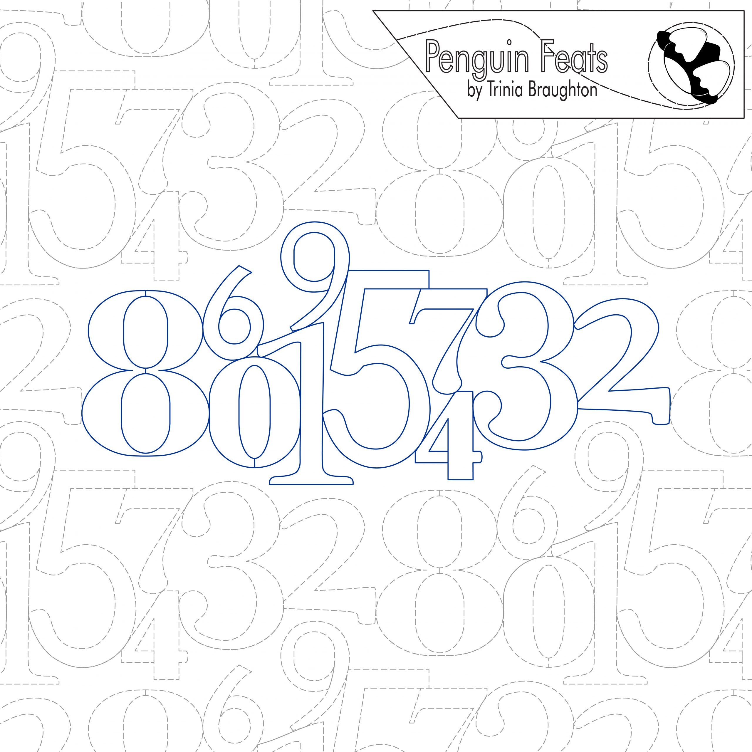 Design with number outlines and 'Penguin Feats' branding.