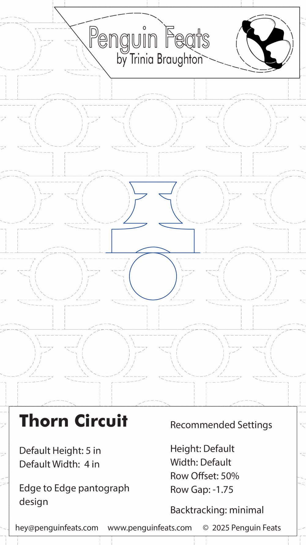 Design settings for a thorn circuit quilting design with Penguin Feats branding at the top