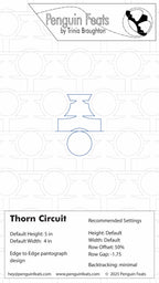 Design settings for a thorn circuit quilting design with Penguin Feats branding at the top