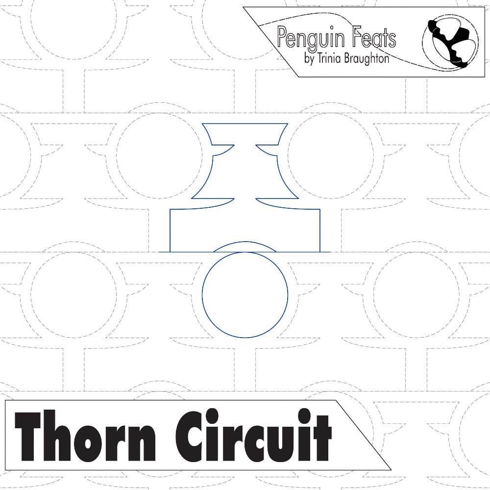 Continuous line in blue of product labeled 'Thorn Circuit' by Penguin Feats, featuring geometric shapes and text.