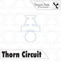 Continuous line in blue of product labeled 'Thorn Circuit' by Penguin Feats, featuring geometric shapes and text.