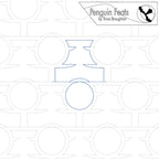 Quilting design with geometric shapes and 'Penguin Feats' branding.